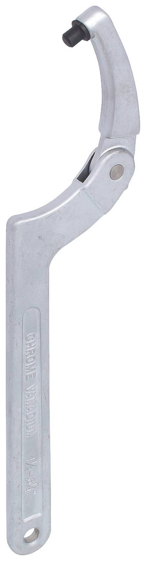 Silberner Hakenschlüssel mit einem geschwungenen Griff und einer verstellbaren Hakenspitze, verwendet zur Fixierung oder zum Lösen von Schraubverbindungen.