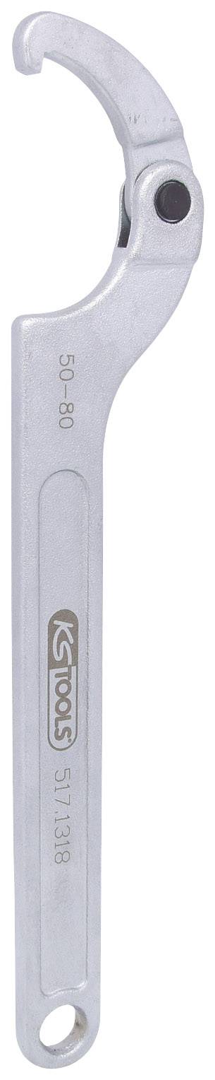 Ein verstellbarer Hakenschlüssel aus Metall, verwendet zur Sicherung und Lockerung von Teilen mit Nut, oft in Maschinenbau oder Mechanik.