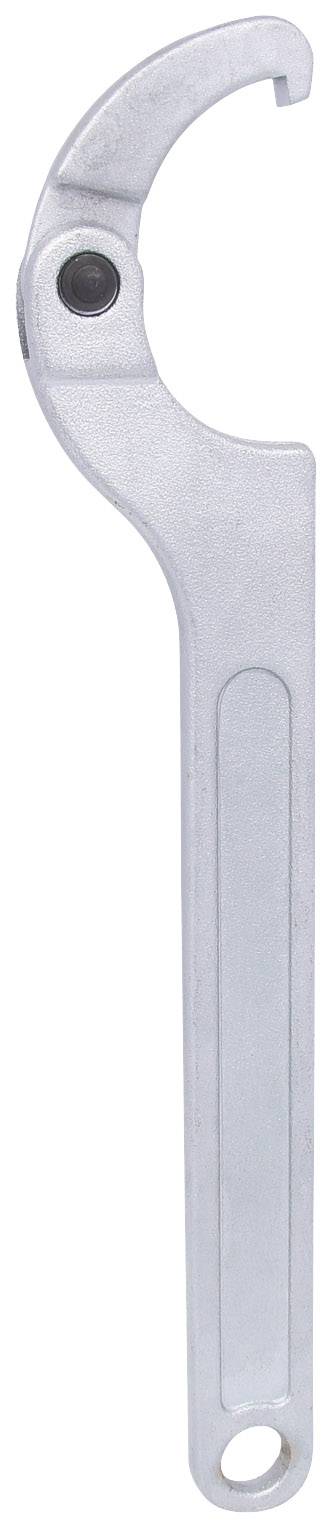 Ein silberner Hakenschlüssel mit einem runden Loch am Ende des Stiels, verwendet zum Lösen oder Festziehen von Verschraubungen.