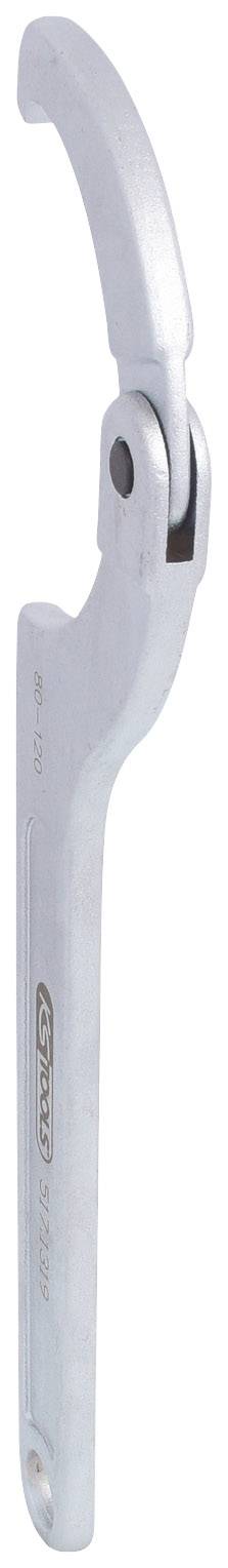 Verstellbarer Hakenschlüssel aus Metall mit gebogenem Ende, horizontal ausgerichtet. Wird zum Lösen und Anziehen runder Schraubverschlüsse verwendet.