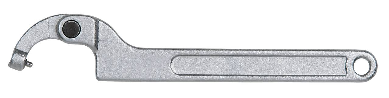 Ein grauer Hakenschlüssel aus Metall mit einem Loch am Ende des Griffs, verwendet zum Lösen oder Anziehen von Verschraubungen.