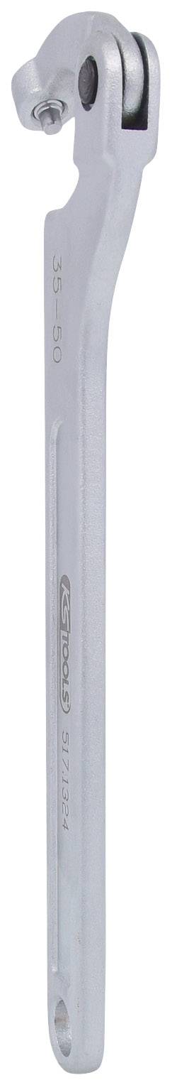 Silberner Hakenschlüssel in Seitenansicht, mit Schraubenkopf oben. Geeignet zur Fixierung oder Demontage von Bauteilen.