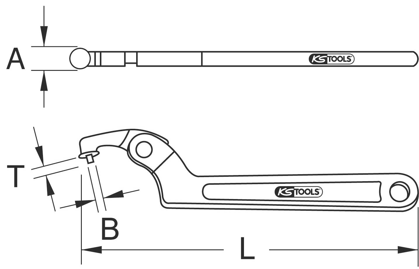 Diagramm eines Werkzeugs mit Seiten- und Frontalansicht. Bezeichnete Maße: 'A', 'T', 'B', 'L'. Werkzeug hat KS Tools Logo.