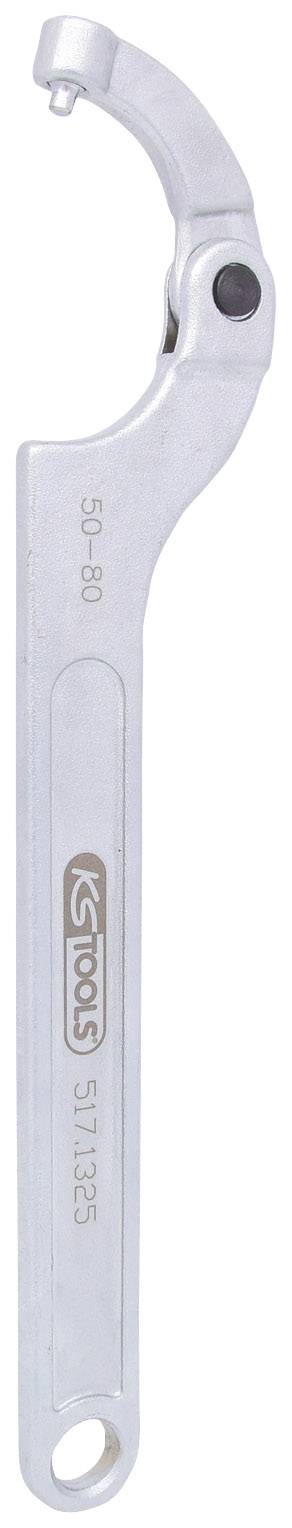 Ein verstellbarer Hakenschlüssel aus Metall, geeignet für Größen von 45 bis 80 mm, mit einer robusten Konstruktion für technische Arbeiten.