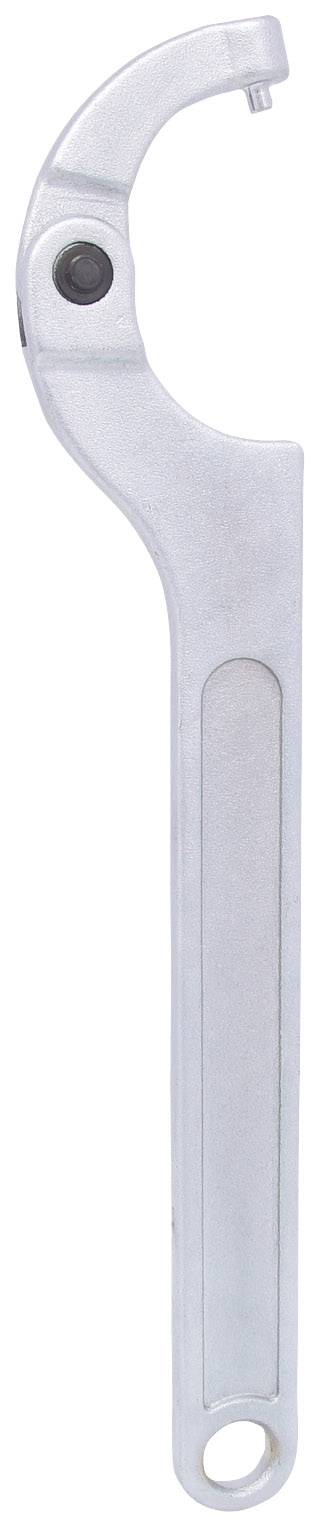 Ein silberner Hakenschlüssel mit abgerundeter Spitze und schwarzem Drehpunkt, verwendet zum Anziehen oder Lösen von Muttern.