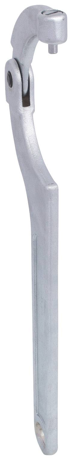 Ein verstellbarer Hakenschlüssel aus Metall, verwendet für das Lösen oder Anziehen von Schrauben mit Schlitz oder Loch.