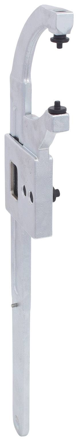 Ein silbernes Metallwerkzeug mit einem langen Griff und zwei Schrauben zur Befestigung, möglicherweise für mechanische Anwendungen.