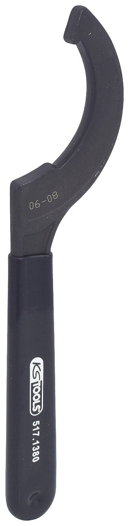 Ein schwarzer Hakenschlüssel von KS Tools, Modell 515.4300, mit einer gebogenen Klinge zum Lösen oder Festziehen runder Schraubverschlüsse.