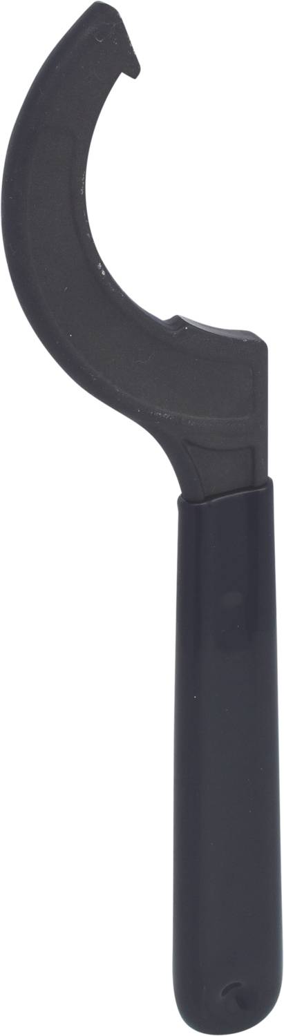 Schwarzer Flaschenöffner mit gebogenem Metallkopf und ergonomischem Griff, zum einfachen Öffnen von Flaschen.