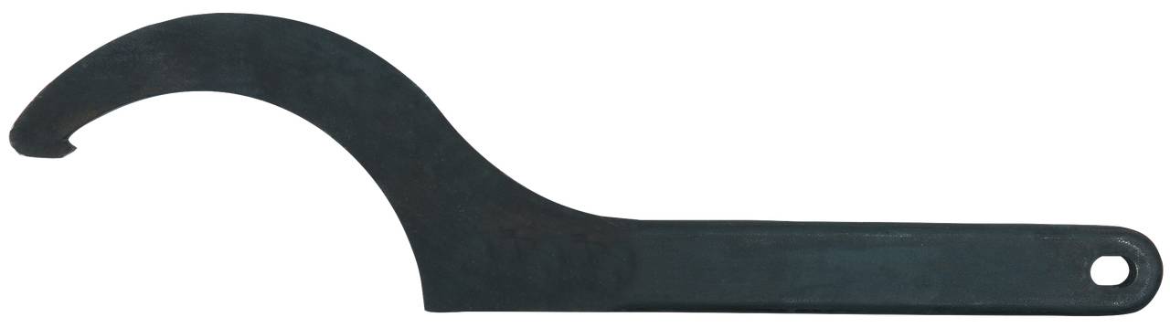 Ein schwarzer Haken- oder Hakenschlüssel aus Metall mit gebogenem Ende zum sicheren Greifen und Drehen von runden Objekten.