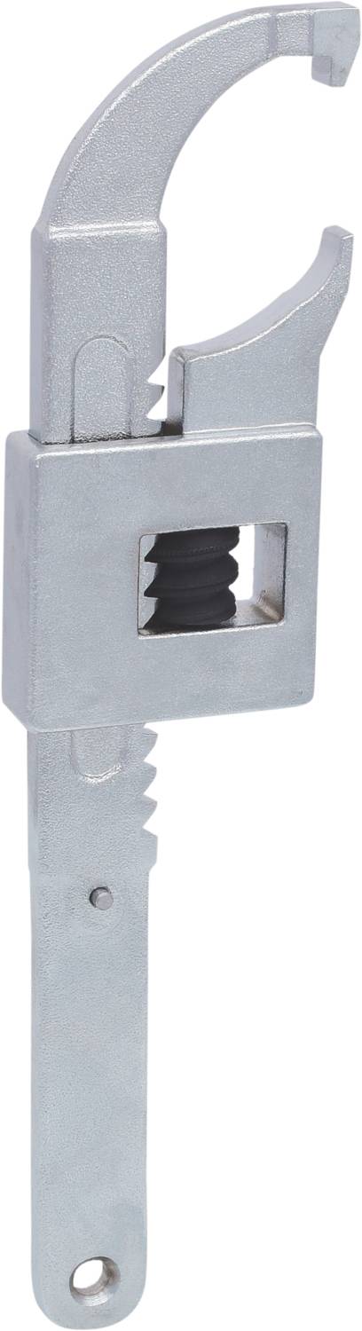 Ein silberfarbener Rohrschlüssel mit verstellbarem Kiefer, geeignet zum Greifen und Drehen von Rohren oder runden Objekten.