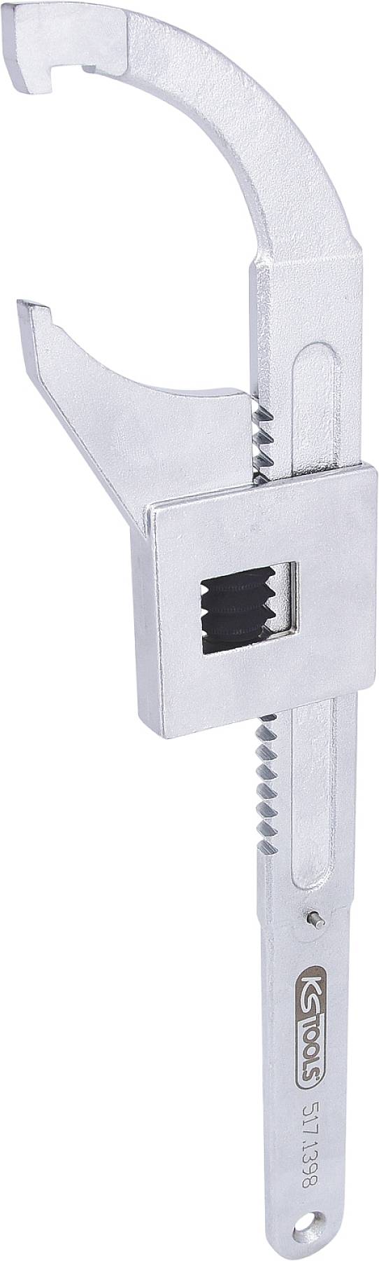 Ein verstellbarer Schraubenschlüssel aus Metall mit einer gezahnten Greiffläche für das Anziehen oder Lösen von Schrauben und Muttern.