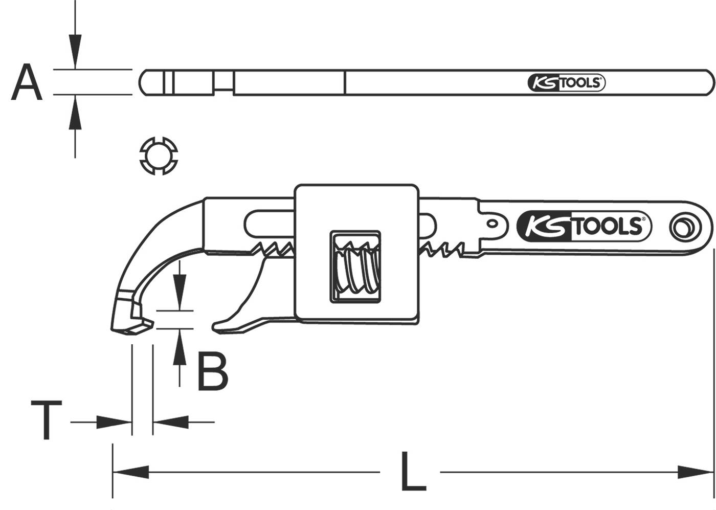 Illustration eines verstellbaren Rohrschlüssels von KS Tools, seitlich und von oben, mit den Maßen A, B, T und L ausgezeichnet.