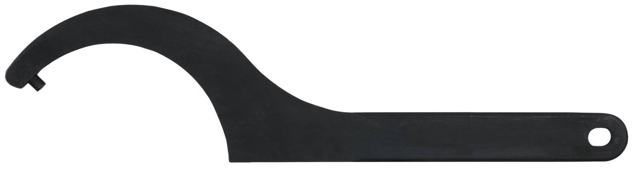 Ein schwarzer Hakenschlüssel mit gebogenem Ende, geeignet zum Anziehen oder Lösen von Muttern oder Schrauben mit Kerben.
