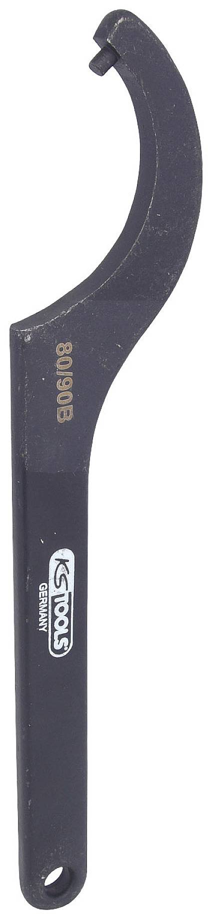 Ein schwarzer Hakenschlüssel, geeignet zum Anziehen oder Lösen von Schraubverbindungen. Herstellerlogo befindet sich auf dem Griff.