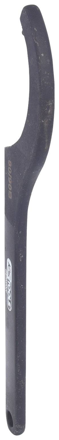 Ein gebogener Schraubenschlüssel aus Metall, wahrscheinlich für spezielle mechanische Anwendungen.