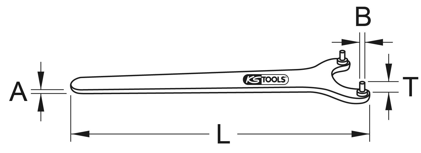 Zweilochmutternschlüssel mit Maßen: A, B, L und T. Verwendet für das Anziehen oder Lösen von Muttern.