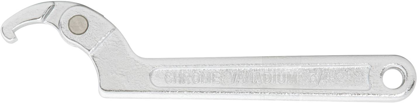 Ein silberner Hakenschlüssel mit einem abgerundeten Griff. Der Griff hat eine Prägung und ein Loch am Ende.