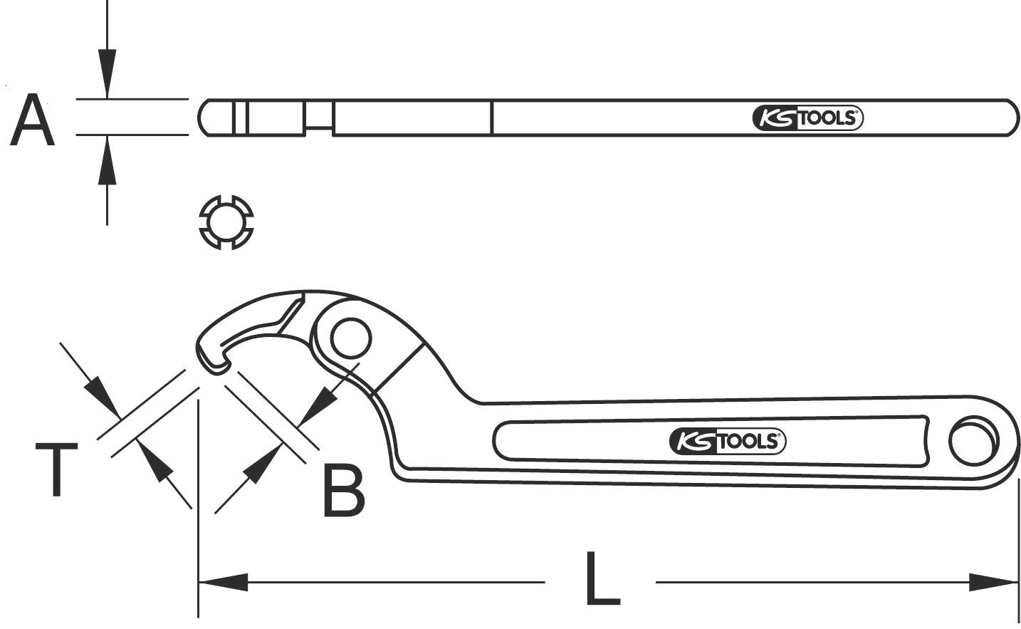 Technische Zeichnung eines Hakenschlüssels mit Maßangaben: A, B, L, T. KS Tools-Logo auf dem Griff. Seiten- und Draufsicht.