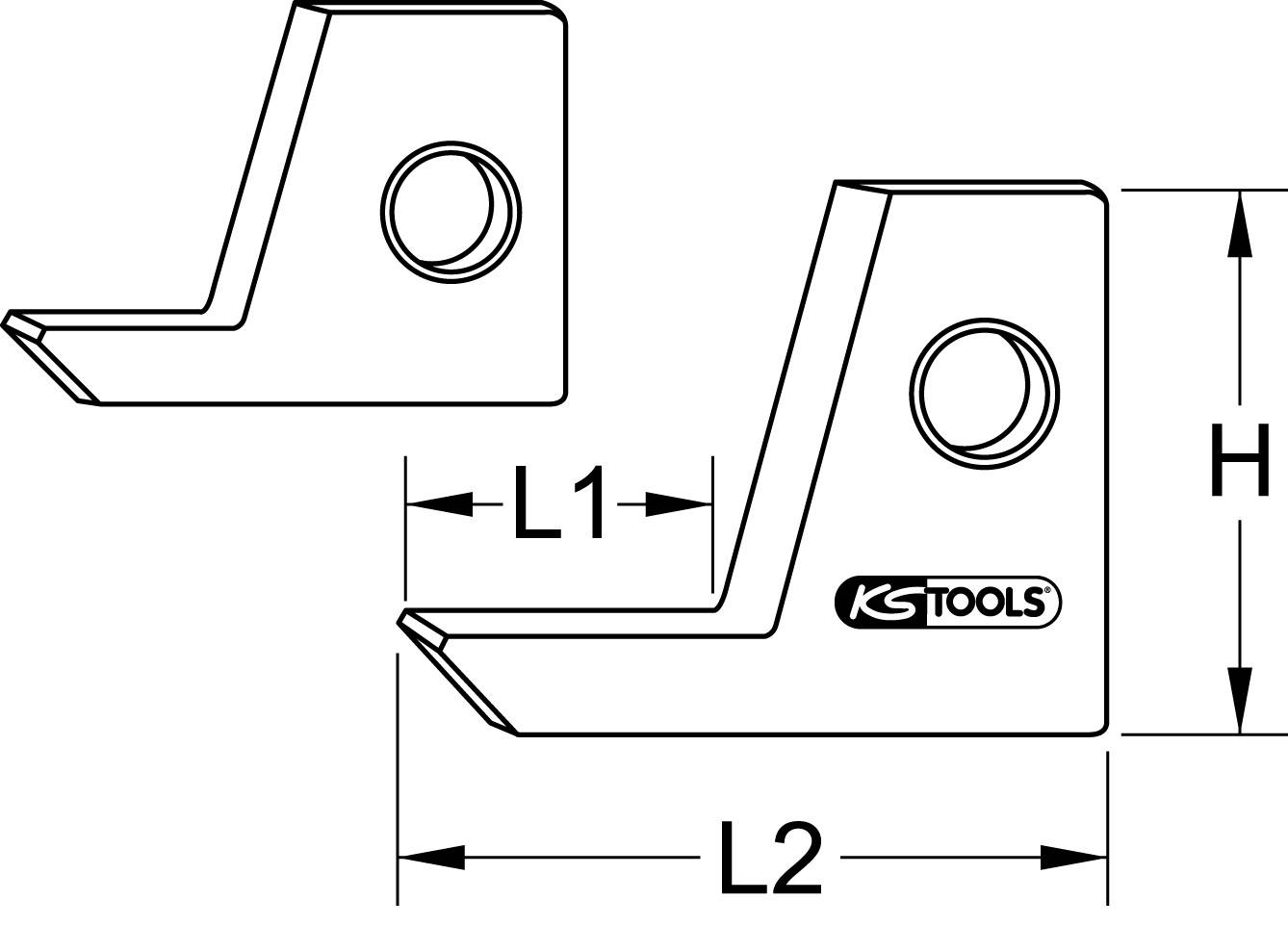 Technische Zeichnung von zwei identischen Werkzeugteilen in Seitenansicht. Teile zeigen Maße H, L1, L2 mit einem Loch und 'KS Tools'-Logo.