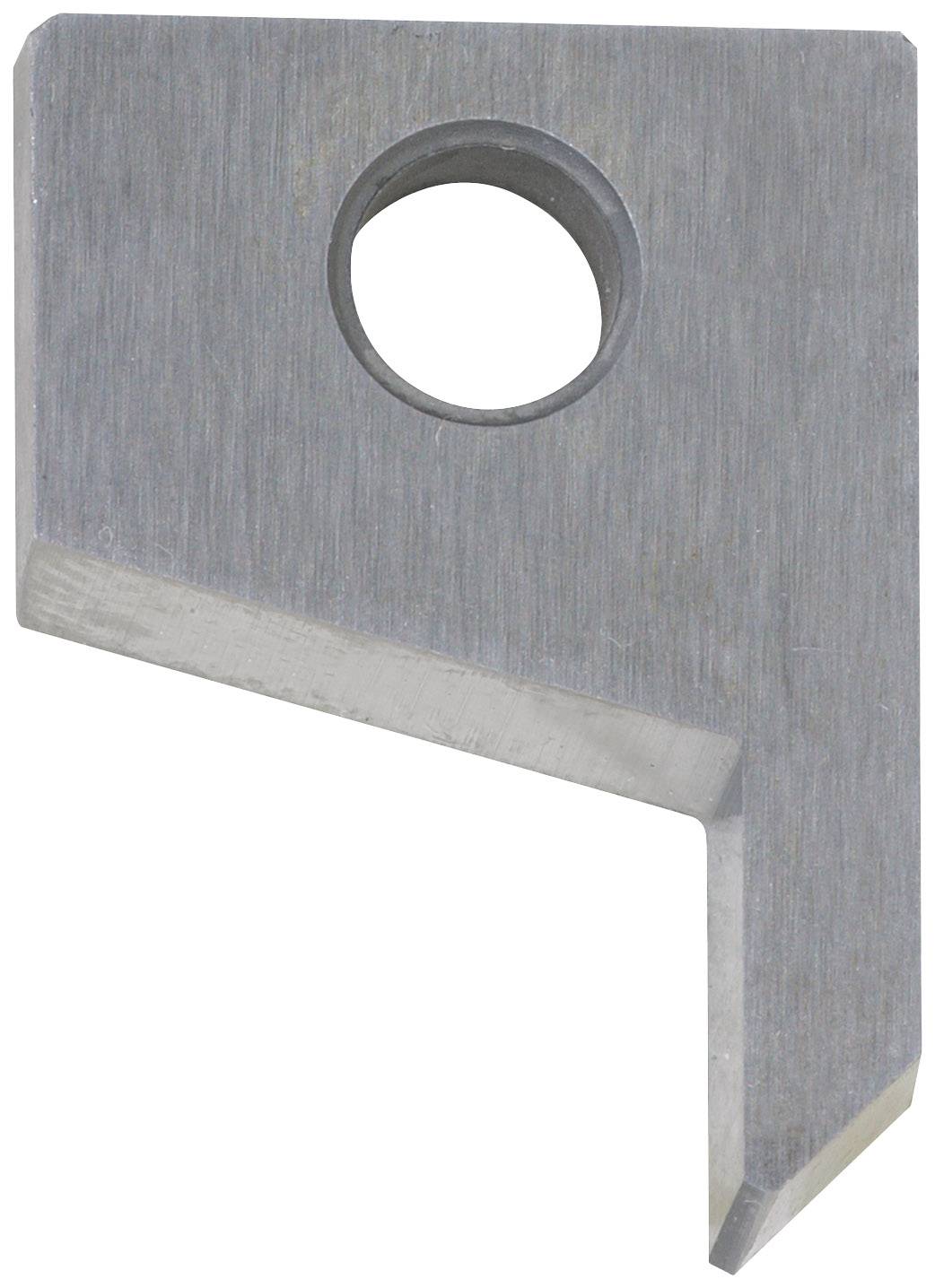 Metallteil mit einem Loch oben, abgeschrägte Kante unten, vermutlich Teil eines Werkzeugs oder technischen Geräts.