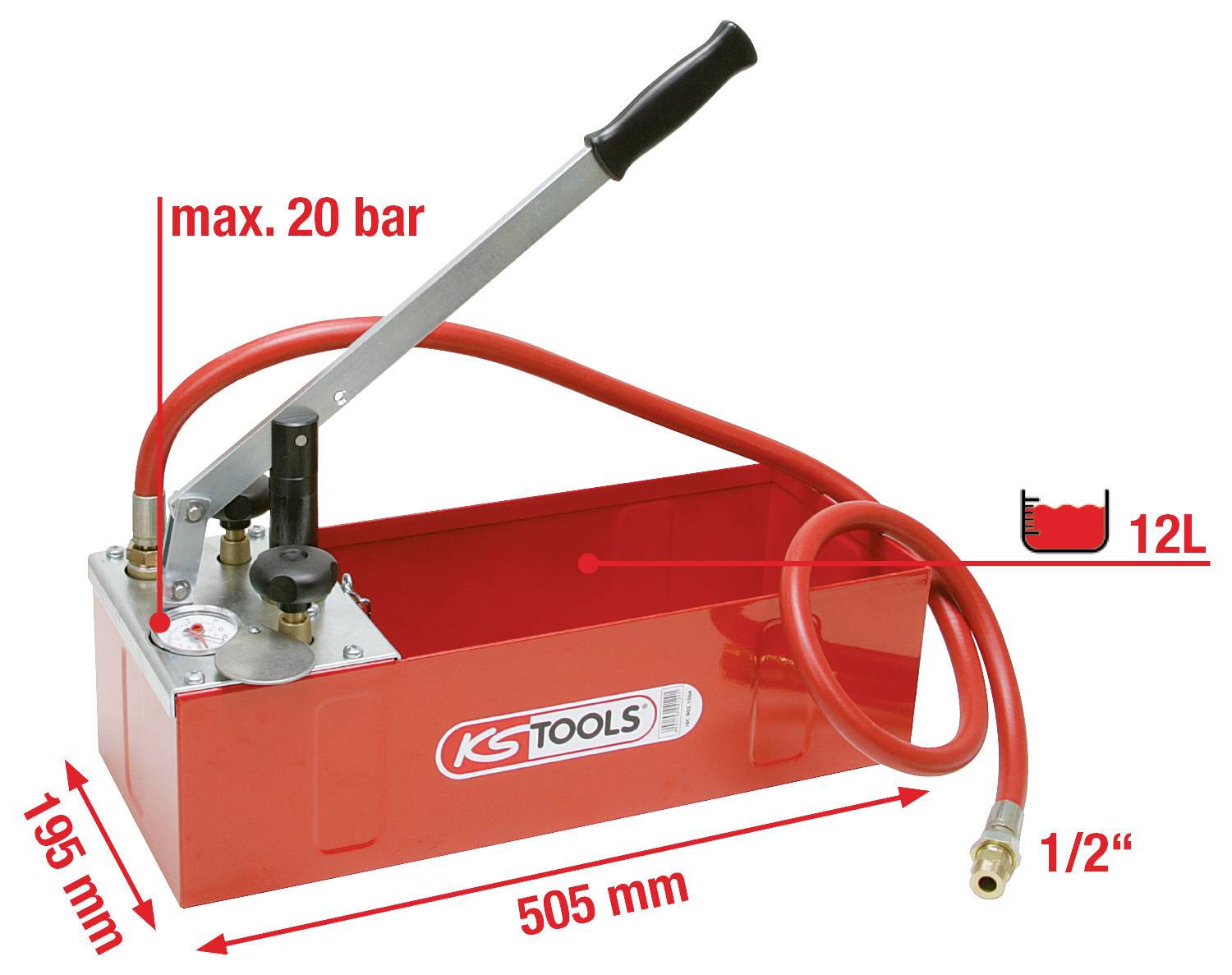 Rote Druckprüfpumpe mit Handhebel, Manometer und Schlauch. Maße 505 mm x 195 mm. Maximaldruck 20 bar. Wassertankkapazität 12L.