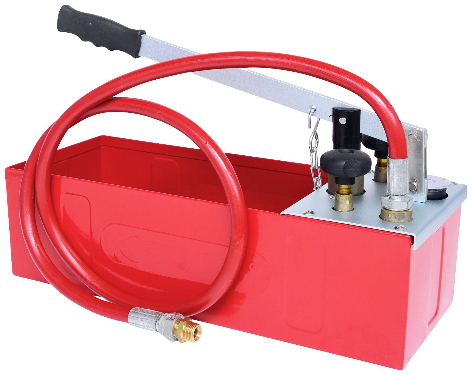 Eine rote Handpumpe mit einem Metallhebel und einem daran befestigten Schlauch. Sie wird verwendet, um Druckprüfungen durchzuführen.