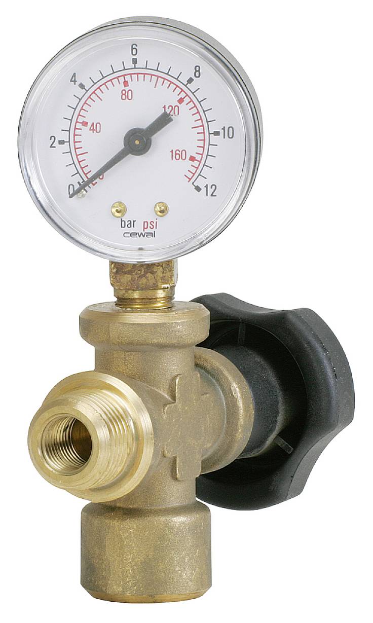 Ein Messinstrument mit Skala bis 160 psi zeigt den Druck in Bar und Psi an. Darunter befindet sich ein Ventil mit Drehgriff.