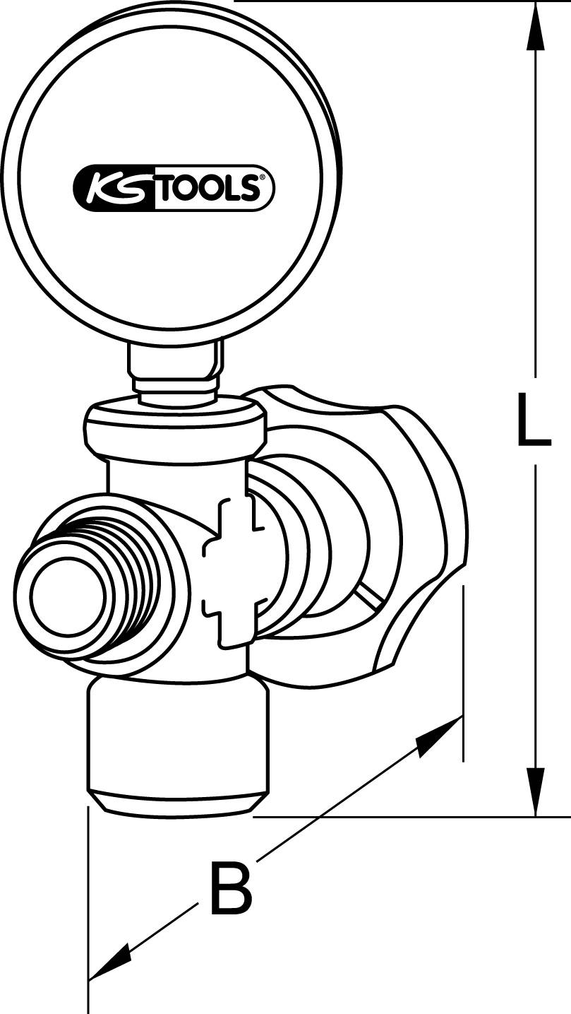 Diagramm eines Druckmessgeräts mit einem Ventil. Zwei Pfeile zeigen die Dimensionen Höhe 'L' und Breite 'B'.