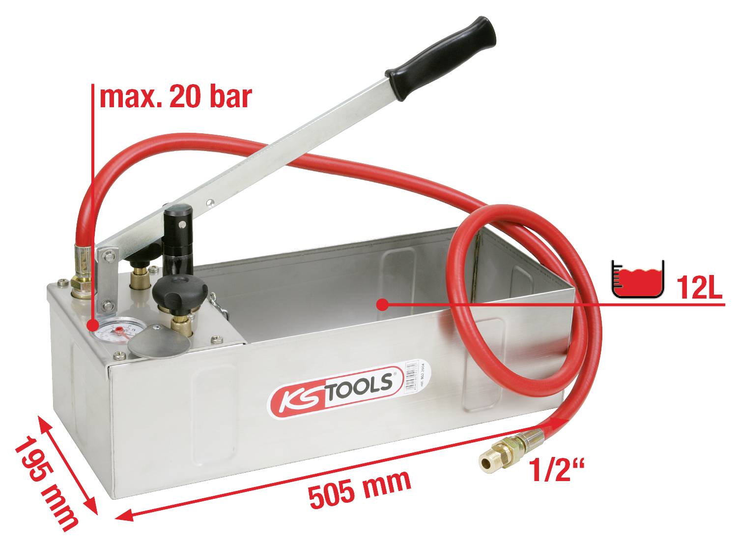 Manuelle Druckprüfpumpe mit rotem Schlauch. Edelstahlgehäuse, Fassungsvermögen 12L, max. Druck 20 bar, Länge 505 mm, Höhe 195 mm.