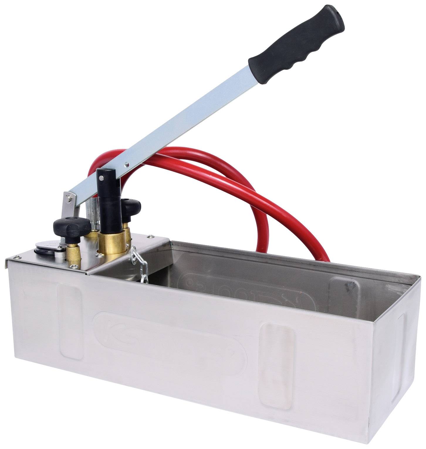 Manuelle hydraulische Hochdruckprüfpumpe mit langem Hebel, zwei roten Schläuchen und einem Metallbehälter. Hauptsächlich zur Druckprüfung verwendet.