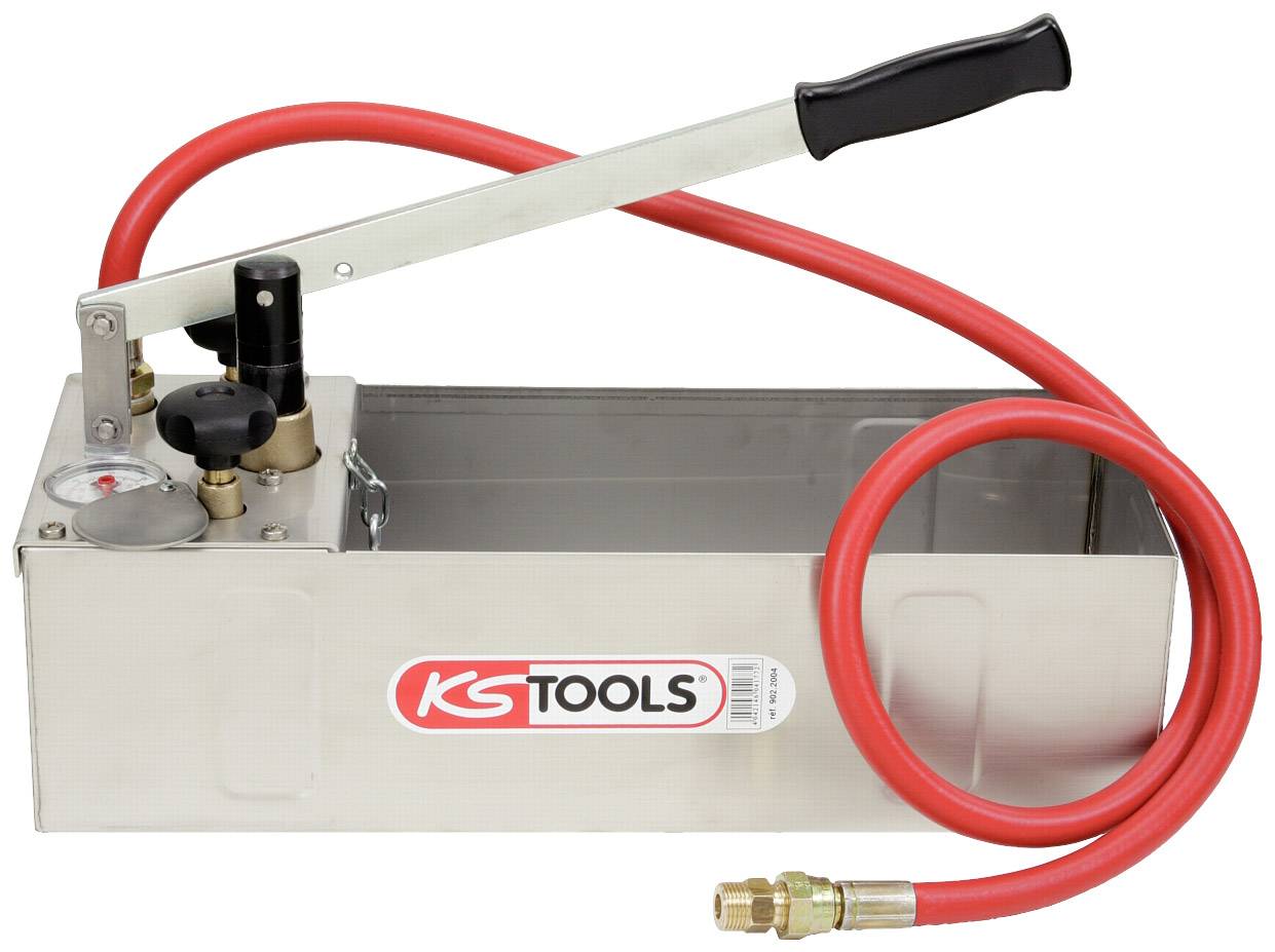 Handpumpe mit rotem Schlauch und KS Tools-Logo. Die Pumpe hat ein Ventil und einen Druckmesser, nützlich für hydraulische Anwendungen.