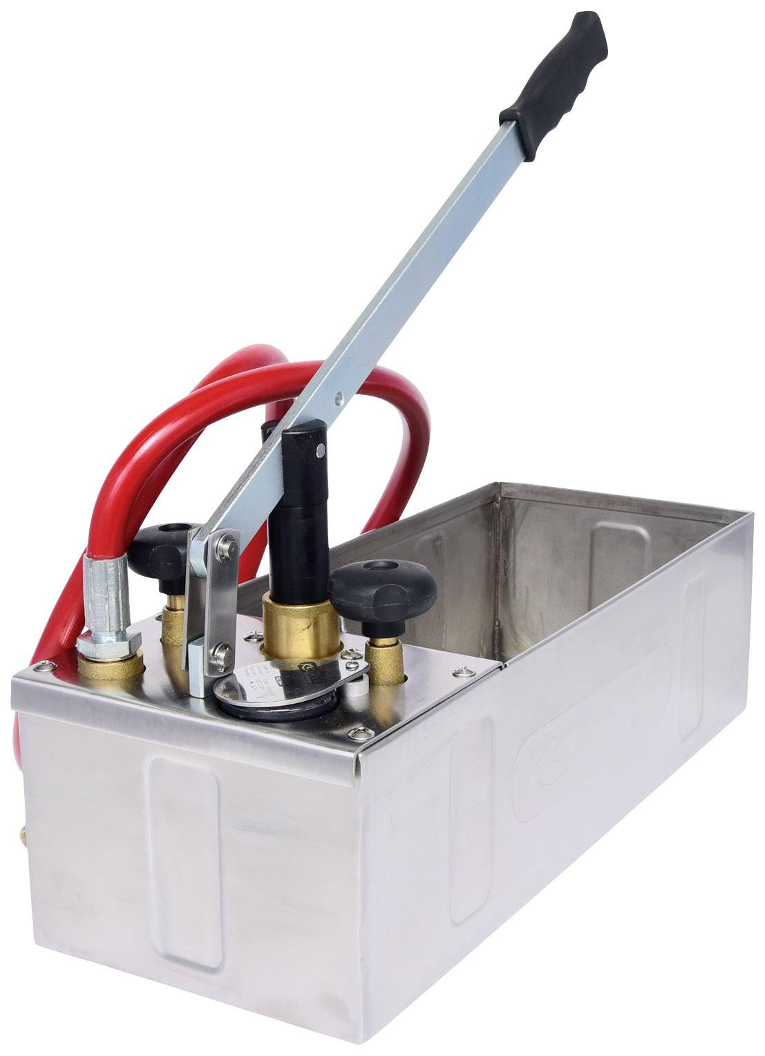 Silberne Handdruckprüfpumpe mit langem Hebel und rotem Schlauch, verwendet für Drucktests in Rohr- und Hydrauliksystemen.