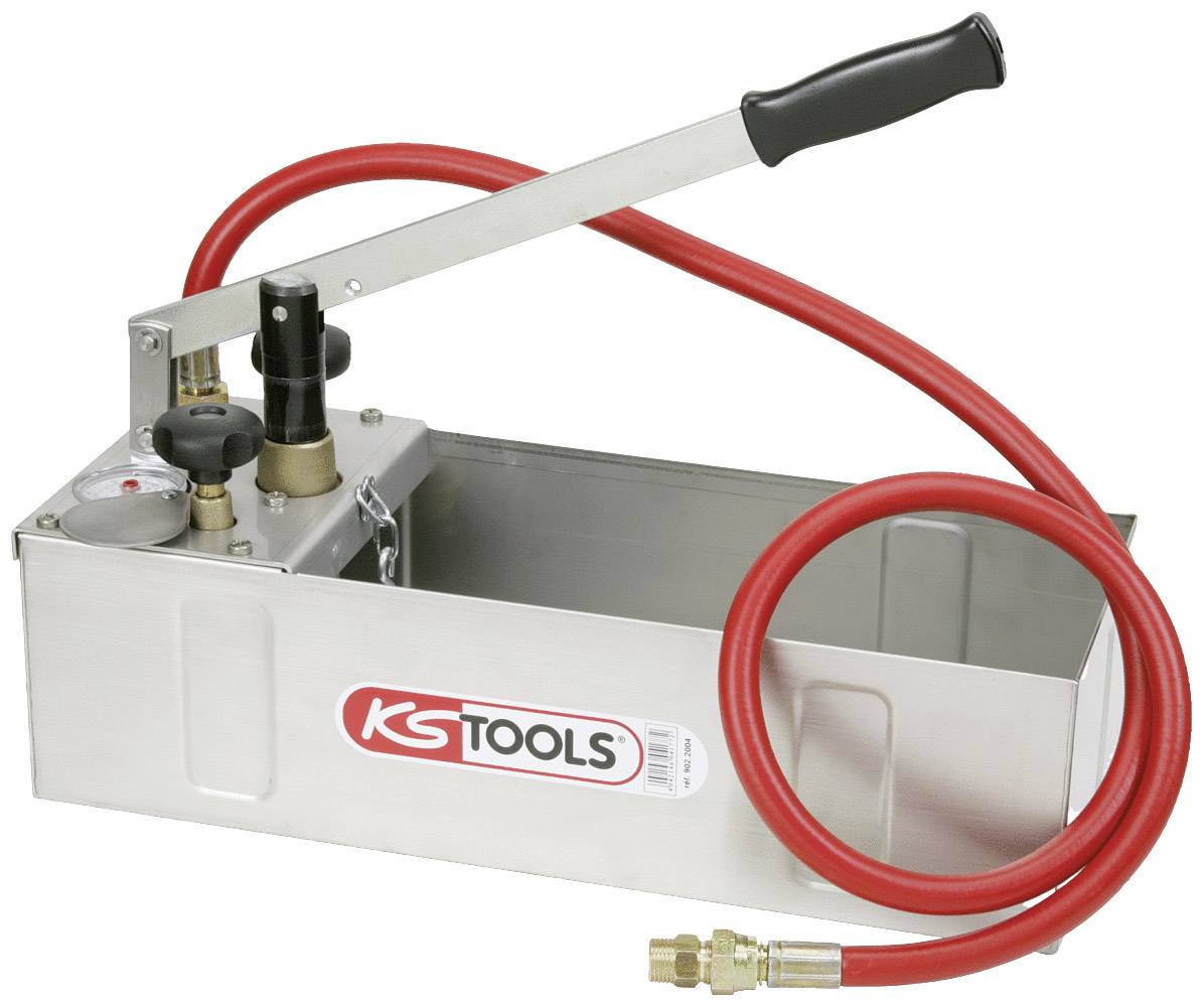 Manuelle Druckprüfpumpe mit rotem Schlauch und Druckanzeige, im silbernen Metallgehäuse, mit der Aufschrift 'KS Tools'.