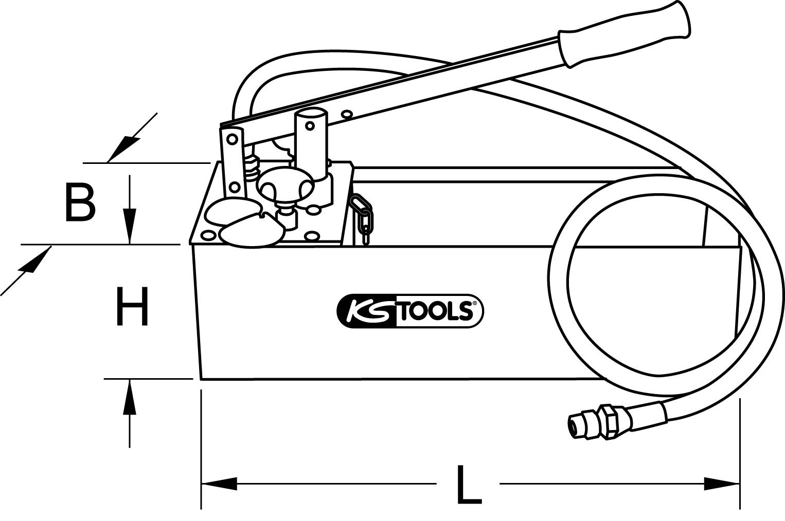 Handbetätigte Pumpe mit KS Tools-Logo, Hebel oben, sowie angeschlossenem Schlauch. Maße: B (Breite), H (Höhe), L (Länge) angegeben.