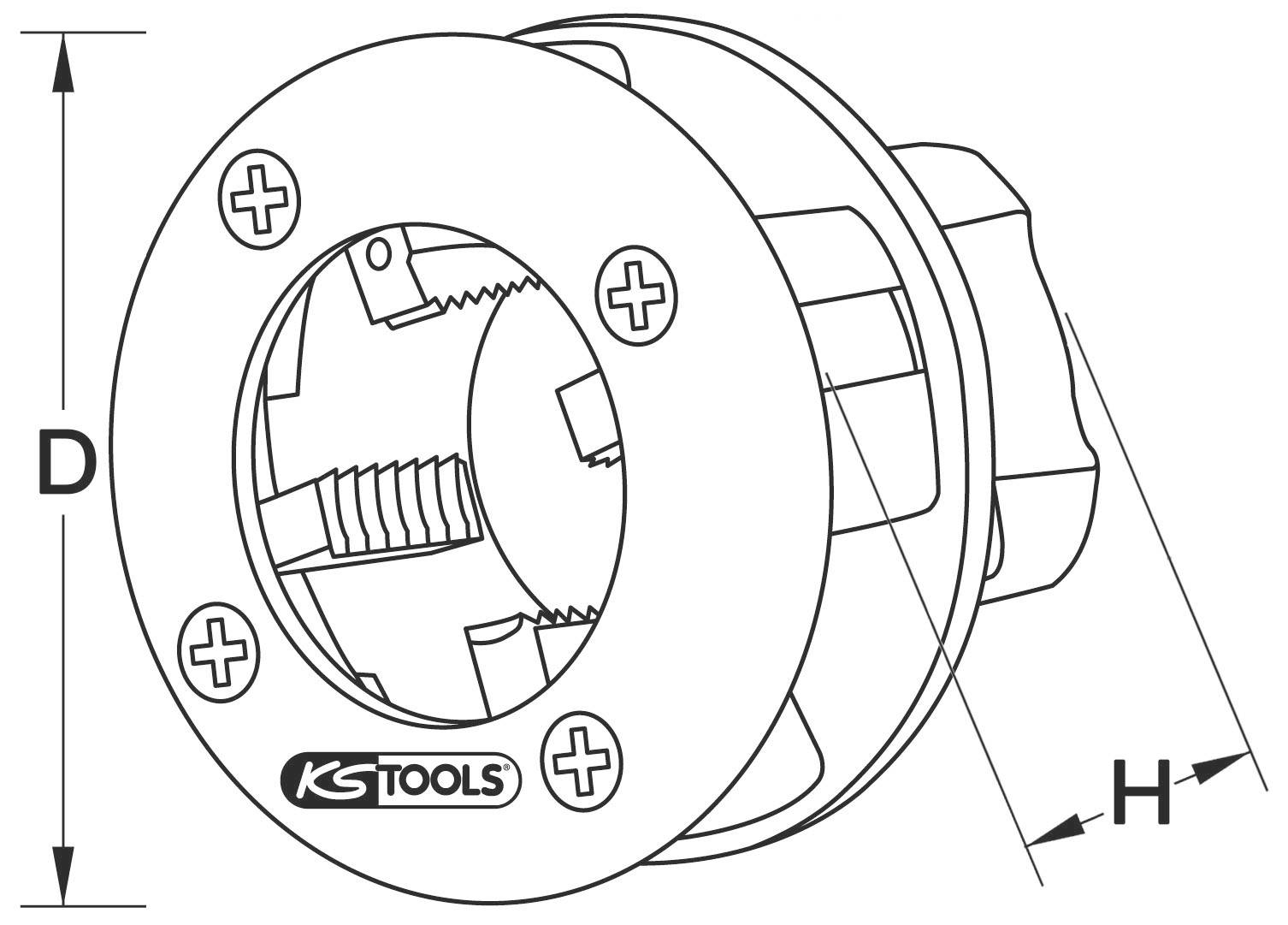 Zeichnung eines runden Rohrentgraters mit Maßen D und H. Zeigt Details der Schneidklingen. Logo von 'KS Tools' sichtbar.