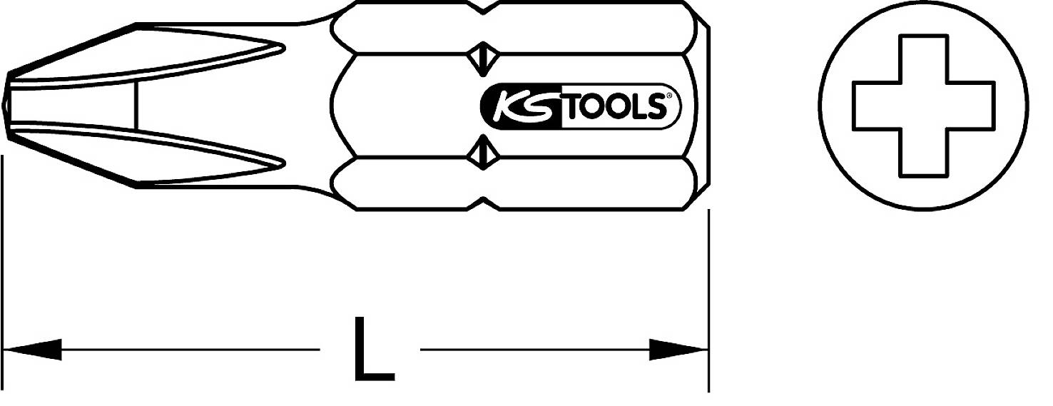 'KS Tools' Schraubendrehereinsatz mit Kreuzschlitzprofil neben einem Diagramm, das das Profil zeigt. Pfeil markiert die Länge L.