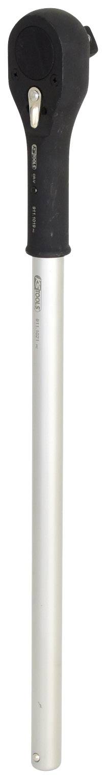 Ein silberner Drehmomentschlüssel mit schwarzem Griff, geeignet für präzises Anziehen von Schrauben und Muttern in mechanischen Anwendungen.