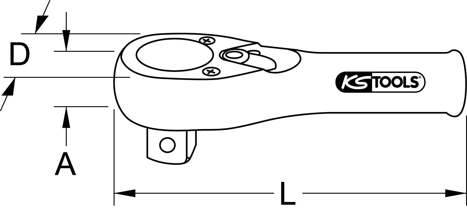 Ratsche-Abbildung mit Seitenansicht zeigt Länge (L), Höhe (A) und Kopfbreite (D). KS Tools-Logo auf dem Griff.