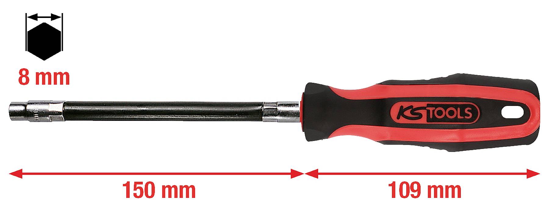 Steckschlüssel-Schraubendreher mit schwarzem Griff, 8 mm Sechskant, Schaftlänge 150 mm, Gesamtlänge 259 mm.