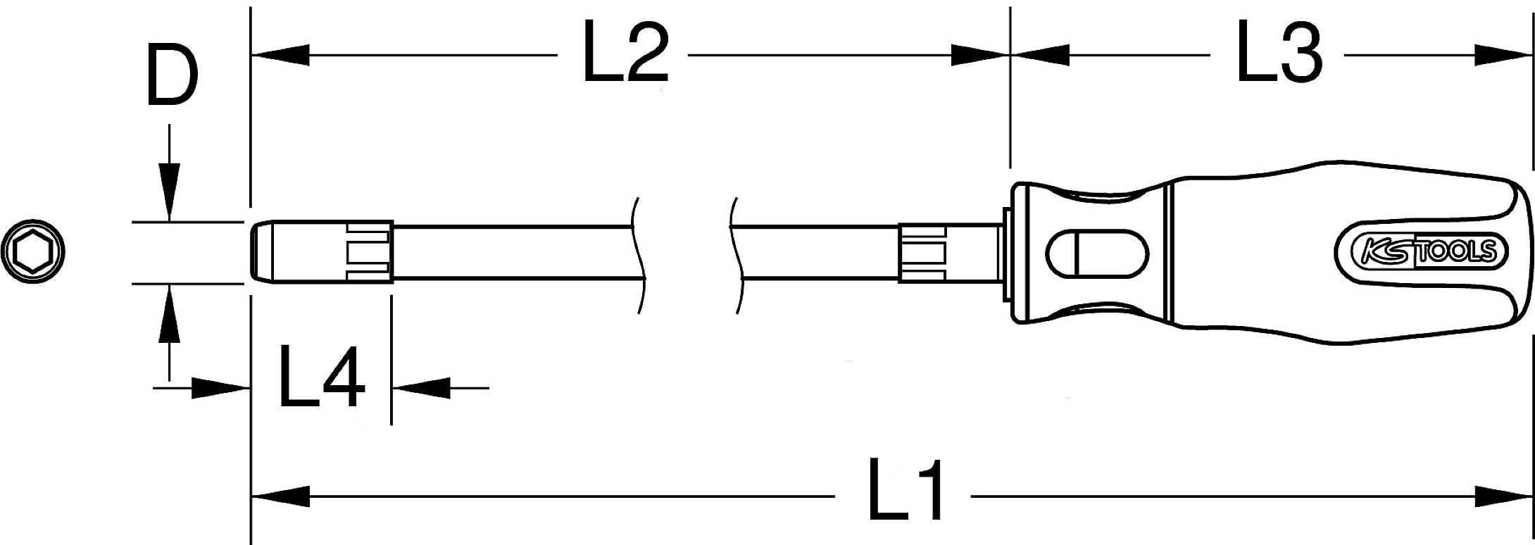 Technische Zeichnung eines Schraubendrehers mit Abmessungen: D, L1, L2, L3, L4. Griff rechts, Spitze links. Markenlogo rechts.