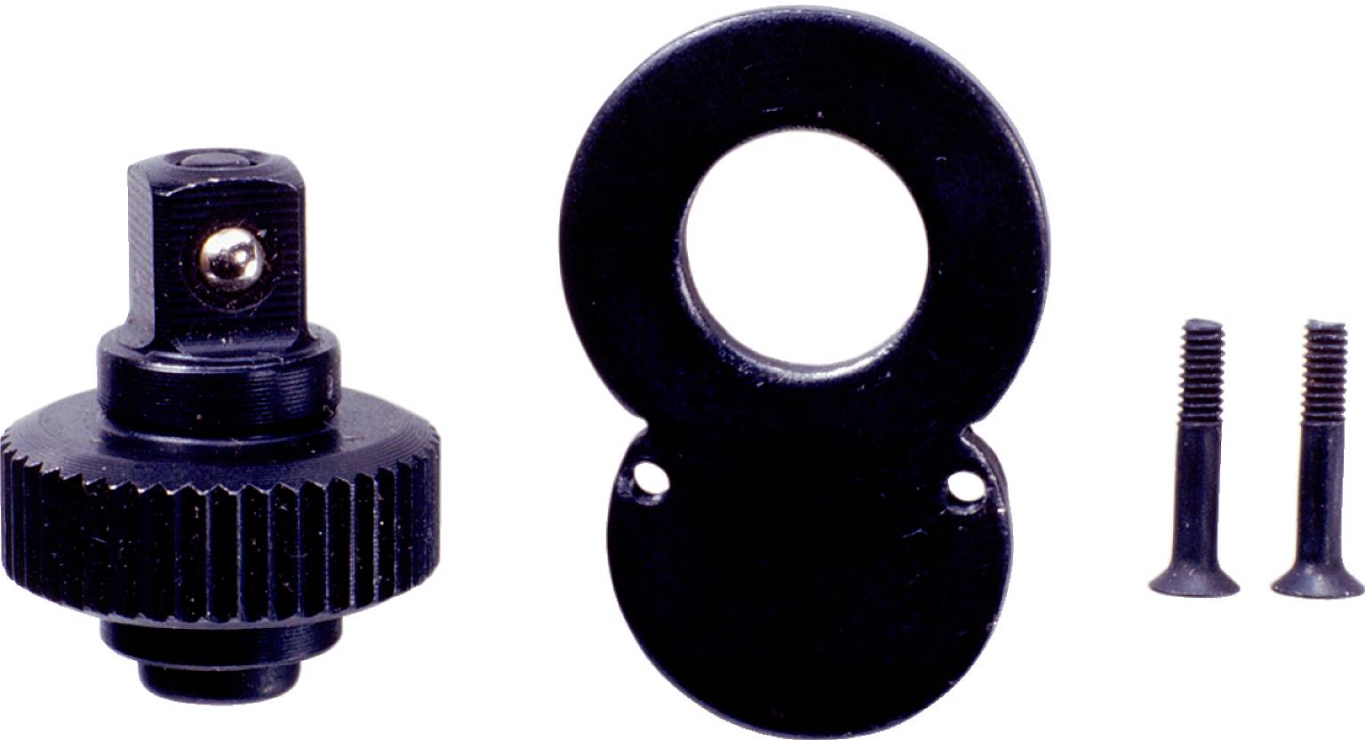 Ein schwarzes Zahnradadapterset mit einer Halterung und zwei Schrauben, verwendet zur Montage von Kamera- oder Videozubehör.