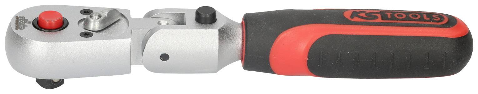 Ein drehbarer Ratschenschlüssel mit schwarzem und rotem Griff, geeignet für verschiedene Schraub- und Befestigungsarbeiten.