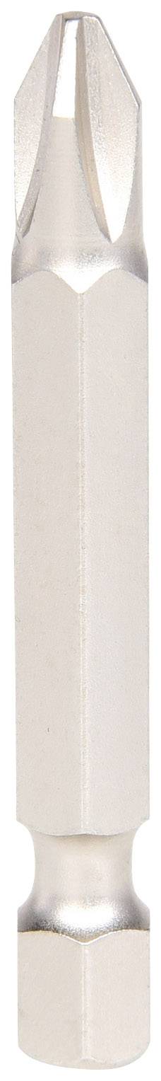 Ein silberner Schraubendreher-Bit für Kreuzschlitzschrauben, geeignet für den Einsatz mit einem Akkuschrauber oder Bohrmaschine.