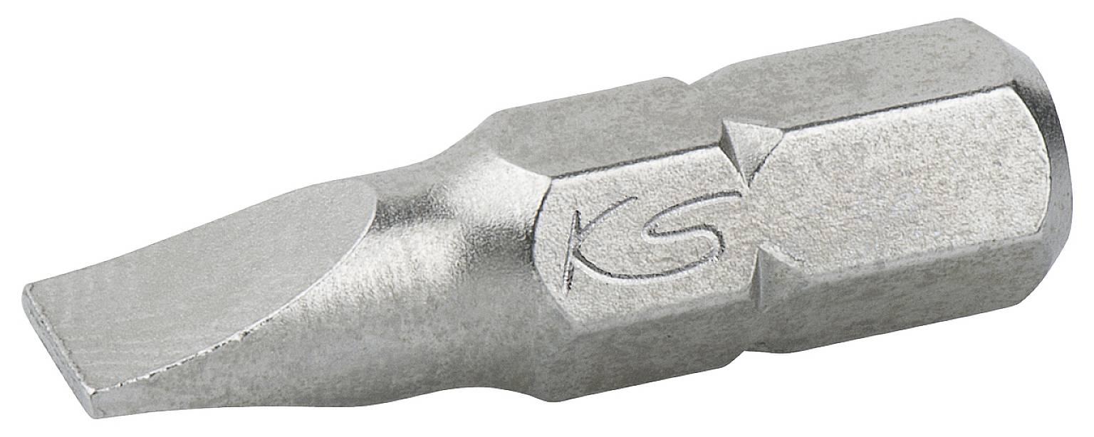 Ein silberner Schlitzschraubendreher-Bit, sechskantig, mit dem eingeprägten Buchstaben 'KS' an der Seite, für den Einsatz mit Bit-Halter.