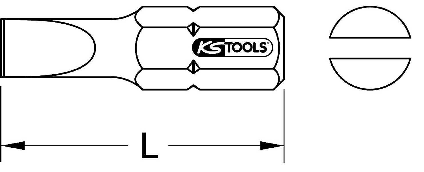 Schraubendreher-Skizze von KS Tools mit flacher Klinge. Rechts daneben Draufsicht der Klinge. Zeigt Länge 'L' des Werkzeugs.