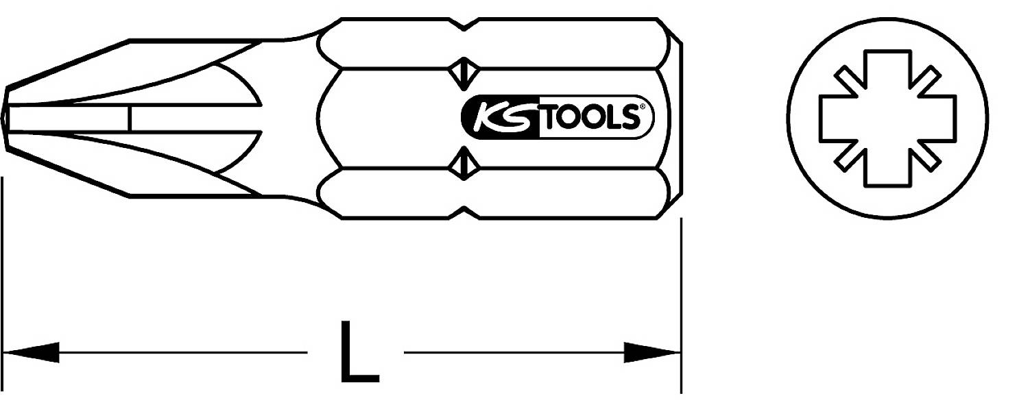 Zeichnung eines Schraubendrehereinsatzes mit Kreuzschlitzspitze und Maßangabe L. KS Tools-Logo in der Mitte des Einsatzes.