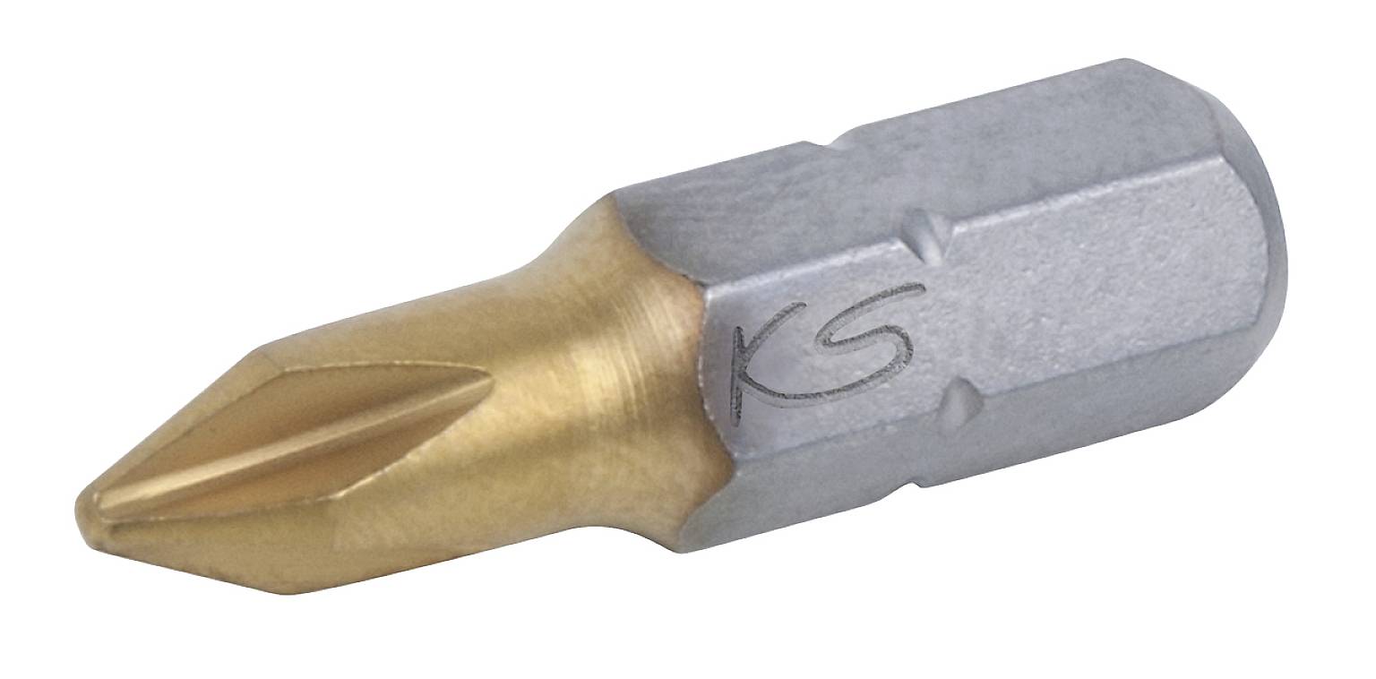 Kreuzschlitz-Schraubendreher-Bit mit goldfarbener Spitze und silbernem Schaft, graviert mit den Buchstaben 'KS'.