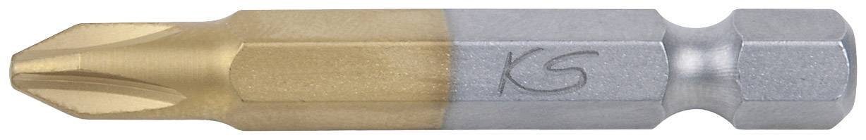 Bit-Aufsatz, halb goldfarben, halb silber, mit Kreuzschlitzspitze und eingeprägtem Logo in der Mitte.