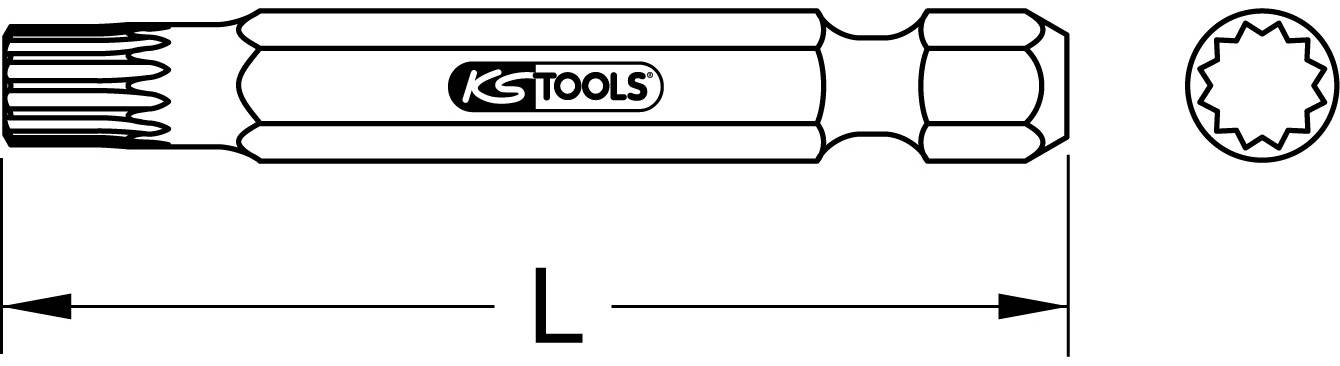Illustration eines Werkzeugs mit einem Vielzahnschaft und KS Tools Logo, ergänzt durch eine Länge 'L'-Markierung und Vorderansicht des Kopfes.